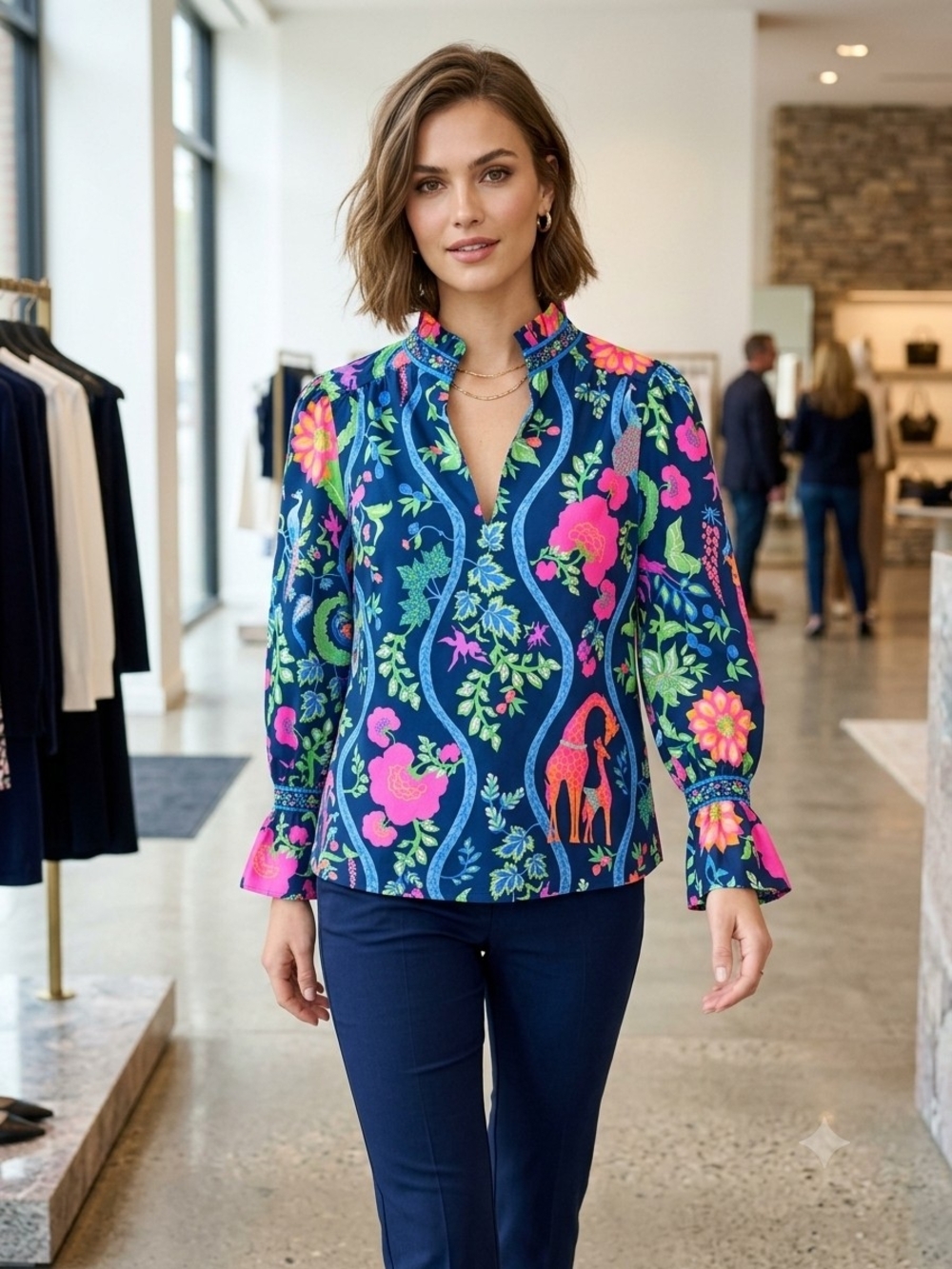 Gretchen Scott Designs Navy Jungle Symphony Blouse